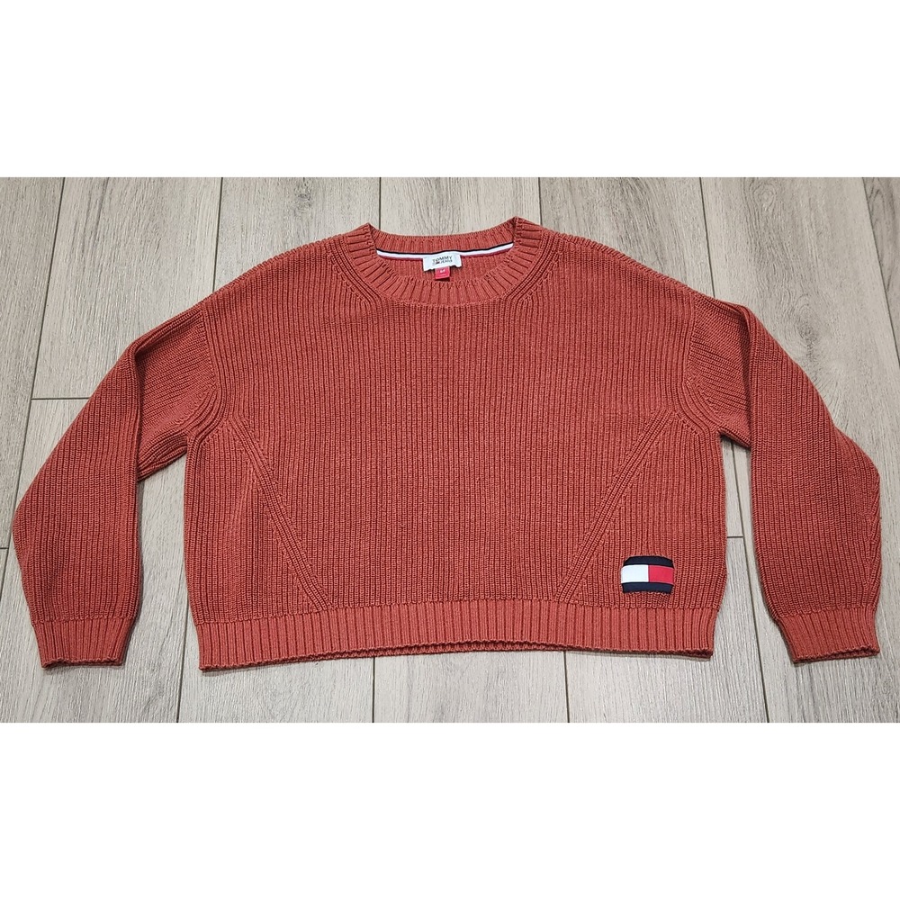 Tommy Jeans Ribbed Knit Cropped Crewneck Sweater Rust Orange Women's Small